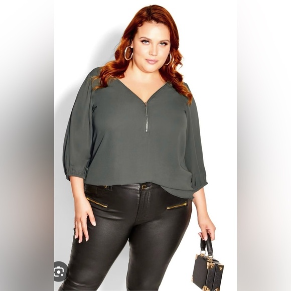 City Chic Tops - City Chic Grey Zipper V Neck Blouse